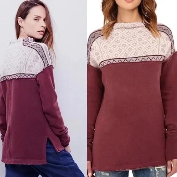 Free People Snow Bunny Fair Isle Mixed Media Sweatshirt Pullover Sweater sz M - Picture 1 of 10